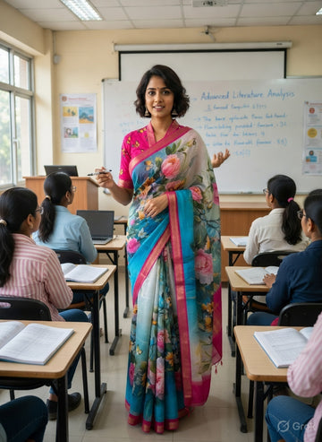 Teal & Rose Mangalagiri Digital Print Pattu Saree