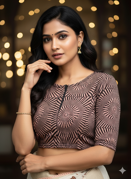 Walnut Brown Round Neck Cotton Stretchable Kalamkari Blouse