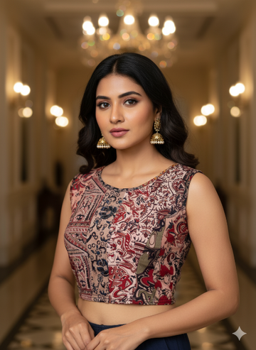 Light Brown Round Neck Cotton Stretchable Kalamkari Blouse