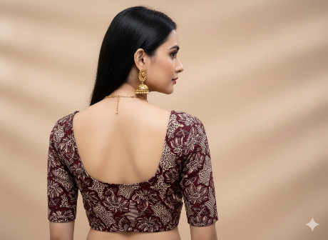 Pecan Brown Round Neck Cotton Stretchable Kalamkari Blouse