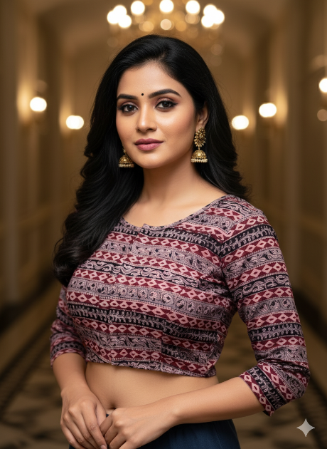 Currant Red Round Neck Cotton Stretchable Kalamkari Blouse