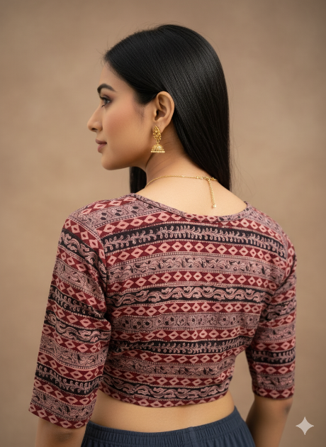 Currant Red Round Neck Cotton Stretchable Kalamkari Blouse