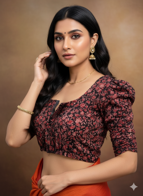 Ink Black Round Neck Cotton Stretchable Kalamkari Blouse