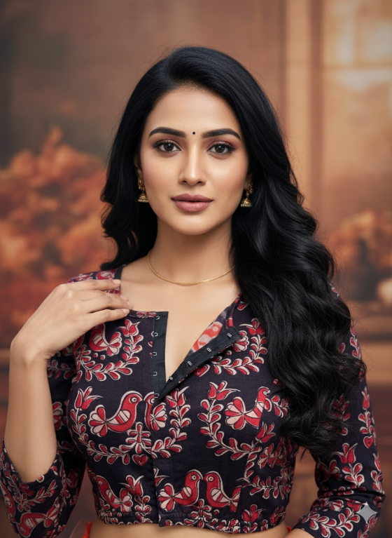 Sable Black Round Neck Cotton Stretchable Kalamkari Blouse