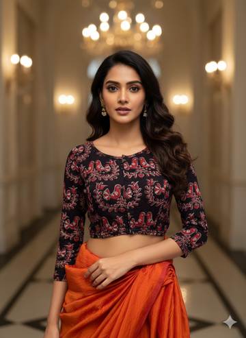 Sable Black Round Neck Cotton Stretchable Kalamkari Blouse