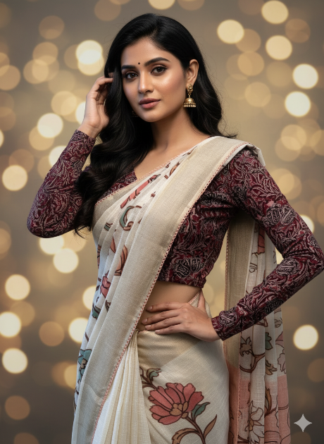 Deep Maroon V Neck Cotton Stretchable Kalamkari Blouse