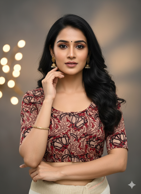 Maroon Round Neck Cotton Stretchable Kalamkari Blouse