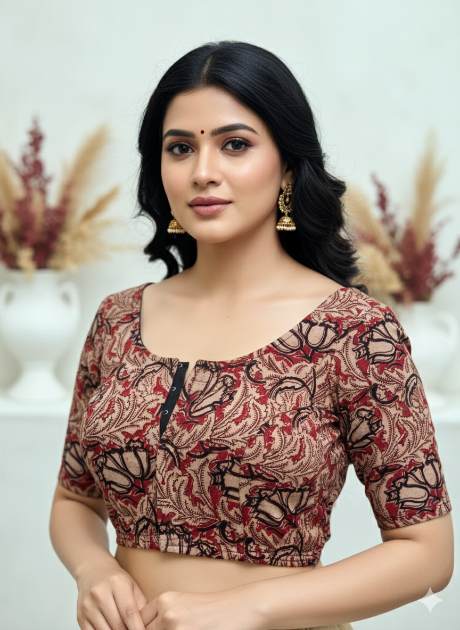 Maroon Round Neck Cotton Stretchable Kalamkari Blouse