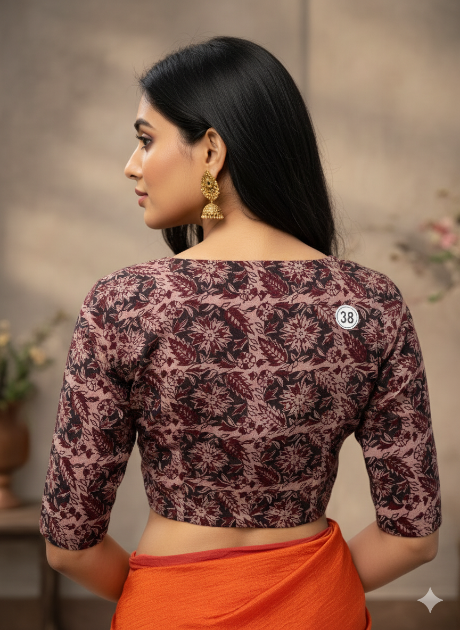 Brown and Beige V Neck Stretchable Kalamkari Blouse