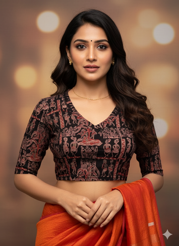 Brown Red V Neck Cotton Stretchable Kalamkari Blouse