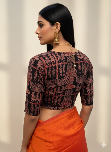 Brown Red V Neck Cotton Stretchable Kalamkari Blouse