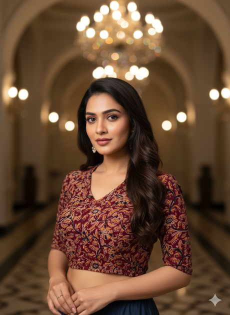 Brown V Neck Stretchable Kalamkari Blouse