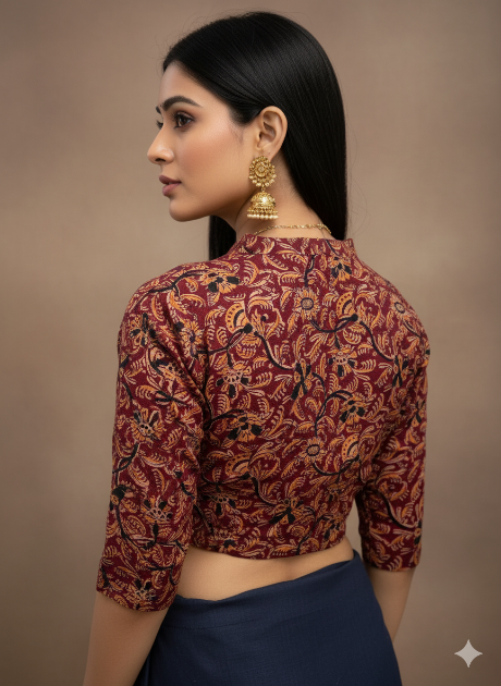 Brown V Neck Stretchable Kalamkari Blouse