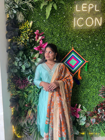 Sky Blue Kurti With Kalamkari Dupatta