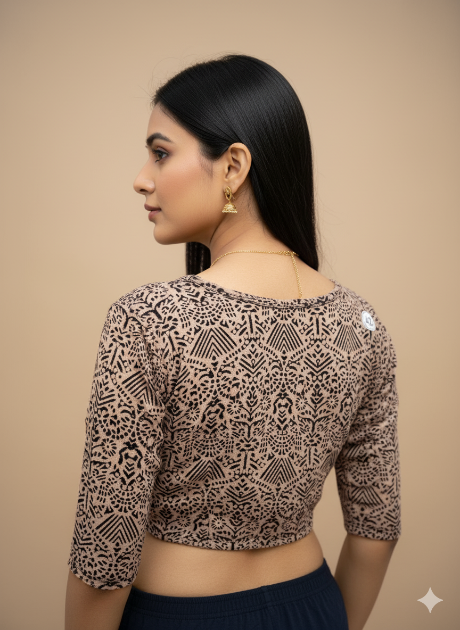 Cream and Black Round Neck Cotton Stretchable Kalamkari Blouse