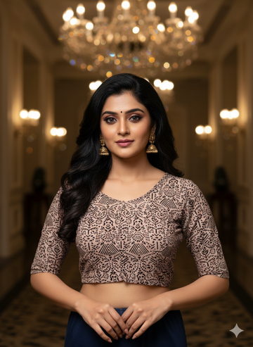 Cream and Black Round Neck Cotton Stretchable Kalamkari Blouse