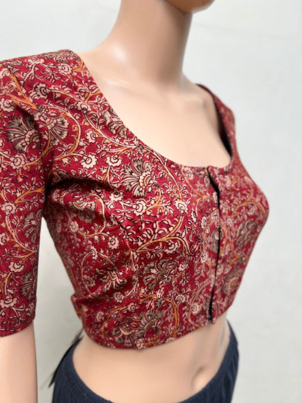 Cherry Red Round Neck Cotton Stretchable Kalamkari Blouse