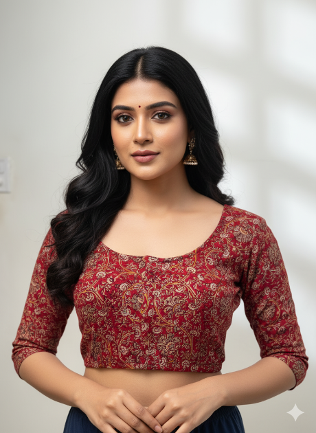 Cherry Red Round Neck Cotton Stretchable Kalamkari Blouse