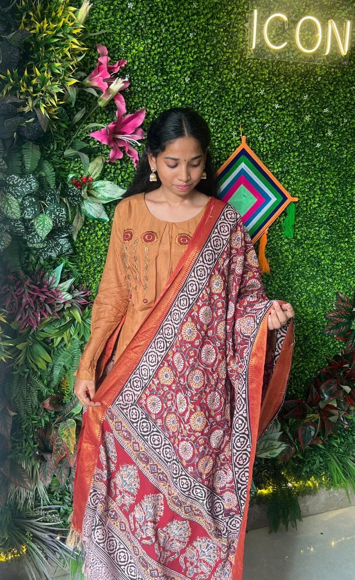Brown Kurti With Kalamkari Dupatta