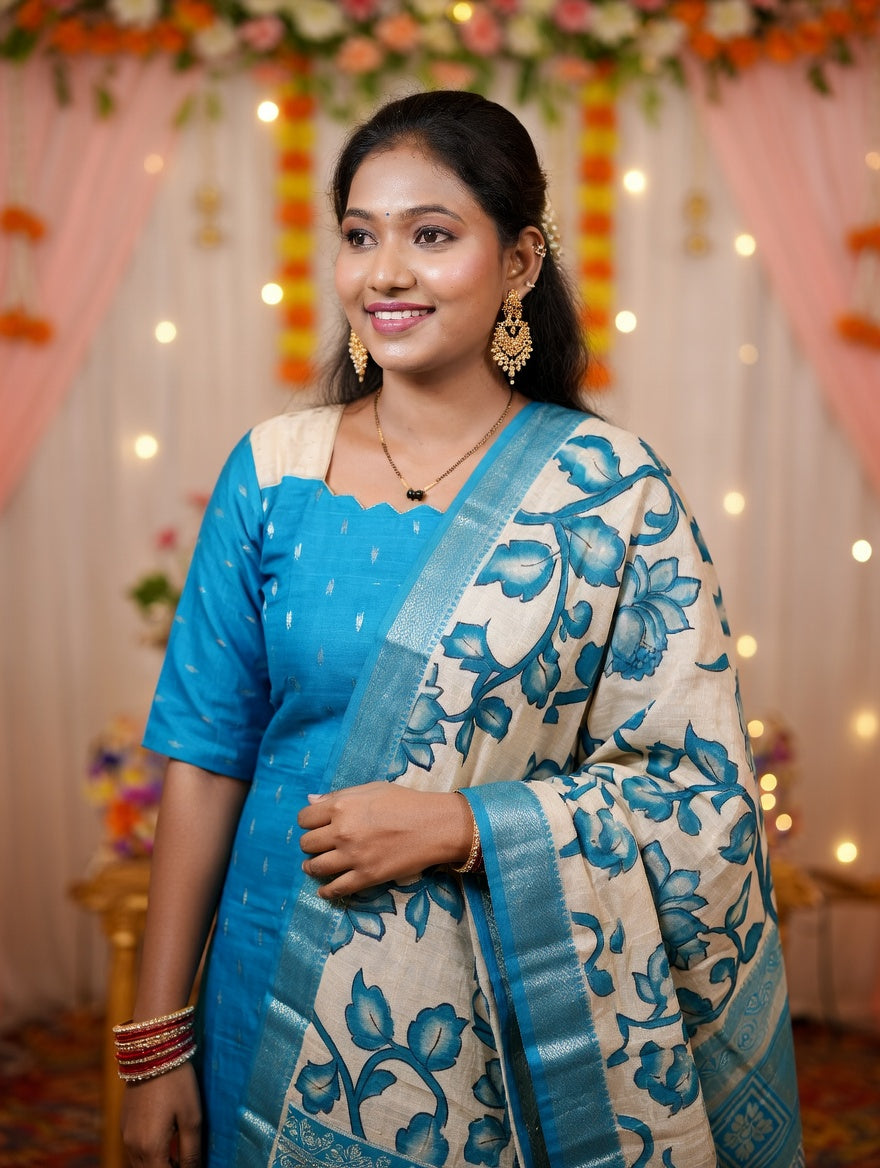 Bright Blue Kurta With Kalamkari Duppata