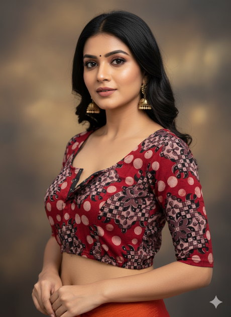 Garnet Red U Neck Cotton Stretchable Kalamkari Blouse