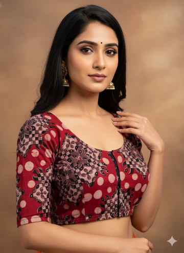 Garnet Red U Neck Cotton Stretchable Kalamkari Blouse