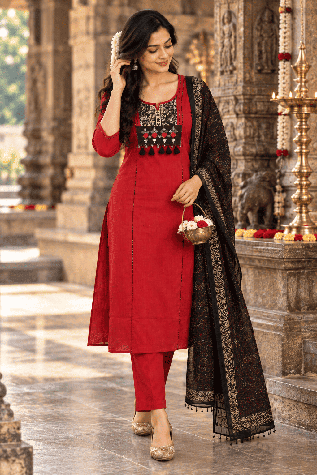 RED COTTON 3PC KURTI SET