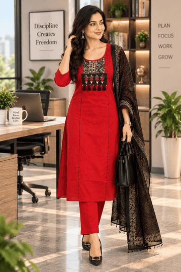 RED COTTON 3PC KURTI SET