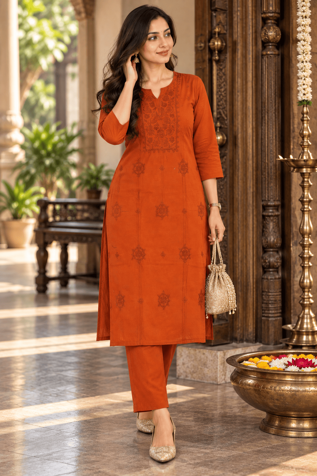 ORANGE CHICKANKARY COTTON 3PC KURTI SET