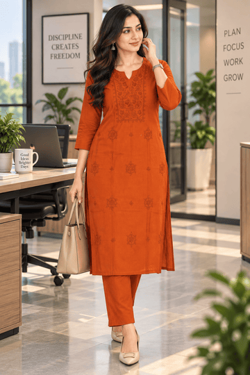 ORANGE CHICKANKARY COTTON 3PC KURTI SET