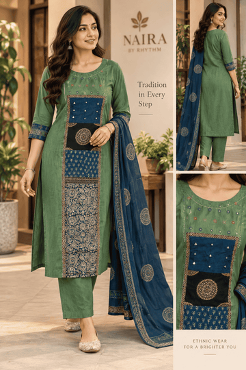 GREEN WITH BLUE PATCH 3PC KURTI SET