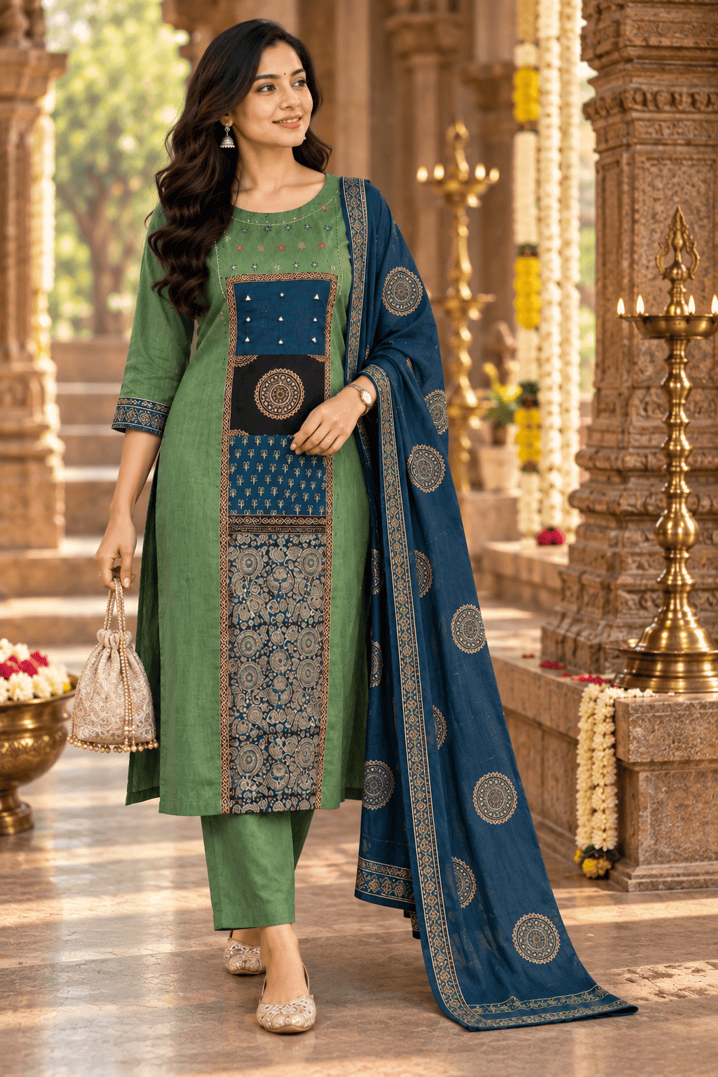GREEN WITH BLUE PATCH 3PC KURTI SET