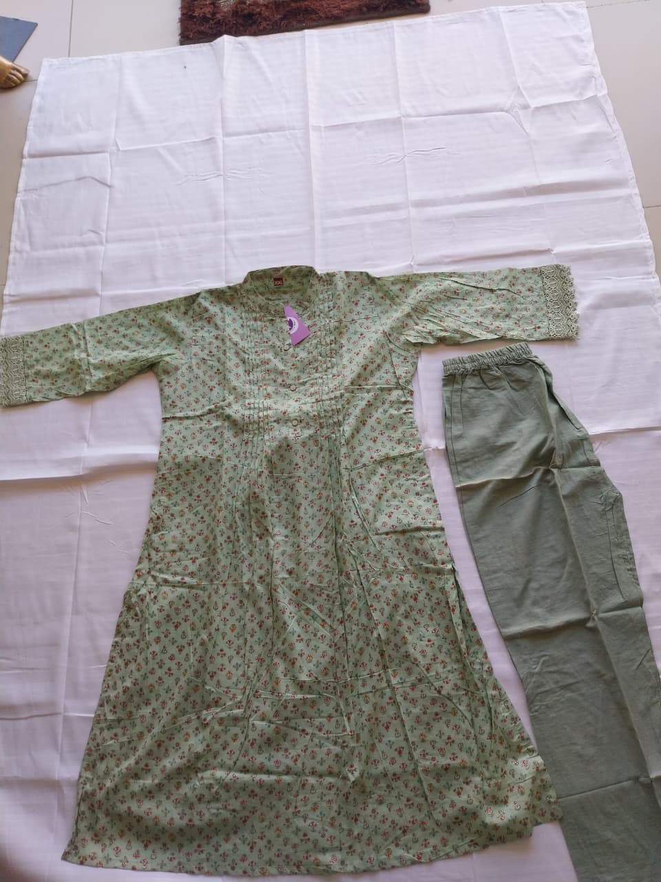 PISTA GREEN PRINTED COTTON 2PC KURTI SET
