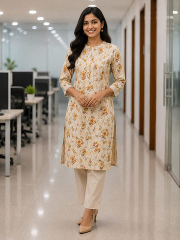 CREAM MUL PRINTED COTTON 2PC KURTI SET