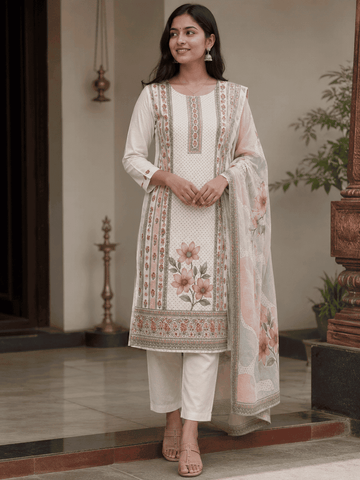 CREAM CHIKANKARY FLORAL 3PC KURTI SET