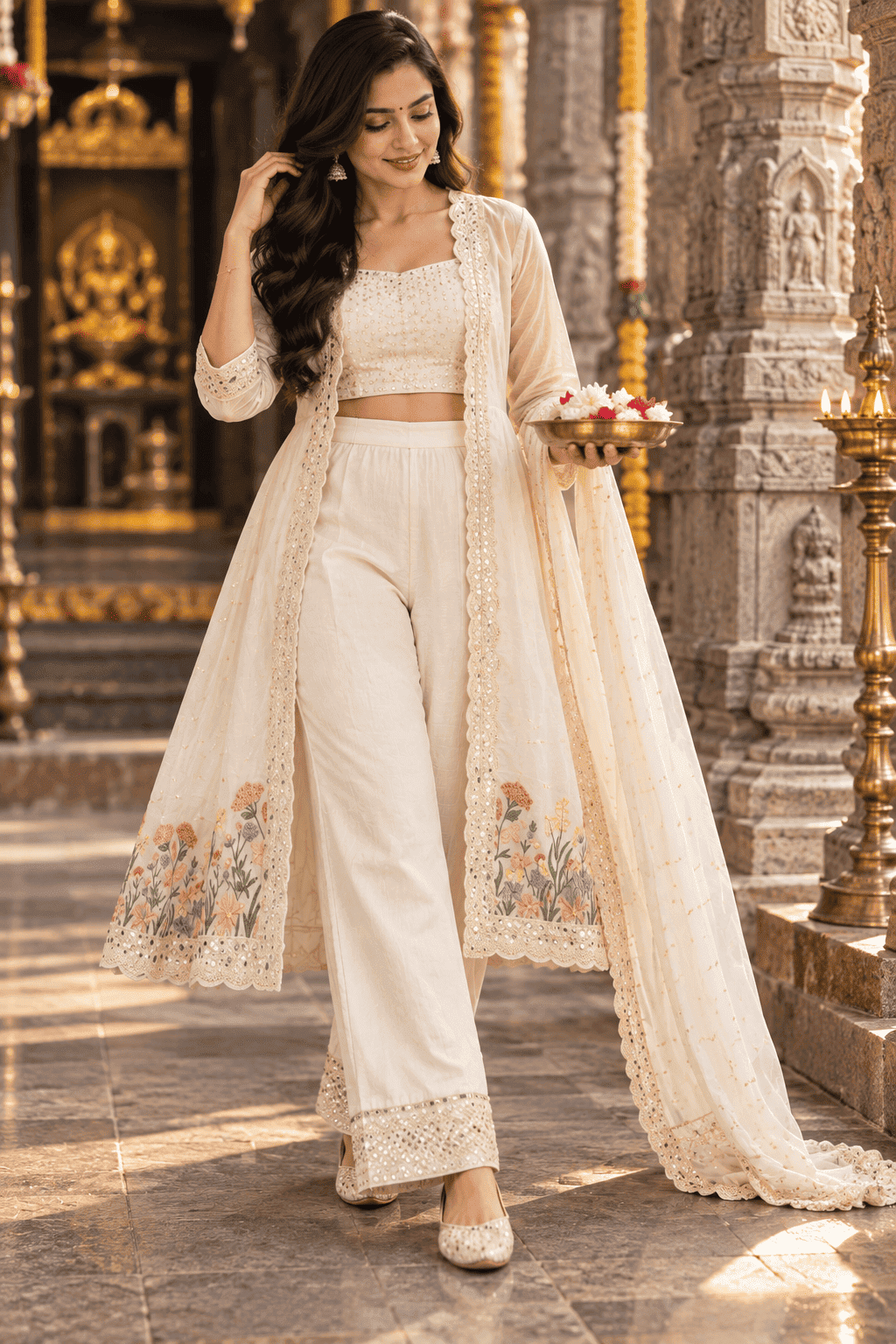 HALF WHITE CHANDERI SHARARA 4PC SET