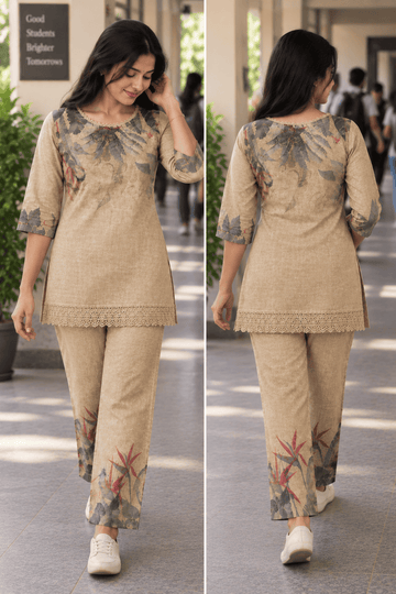 WHEAT PRINTED EMBROIDERY COORD SET