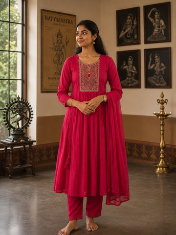 HOT PINK MUL CHANDERI 3PC KURTI SET