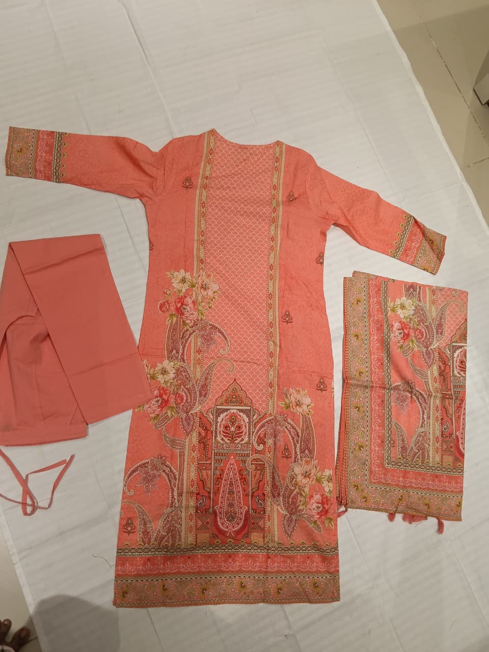 PEACH EMBROIDERY COTTON 3PC KURTI SET
