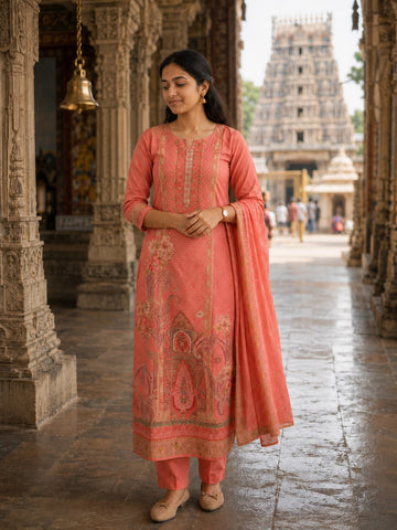 PEACH EMBROIDERY COTTON 3PC KURTI SET
