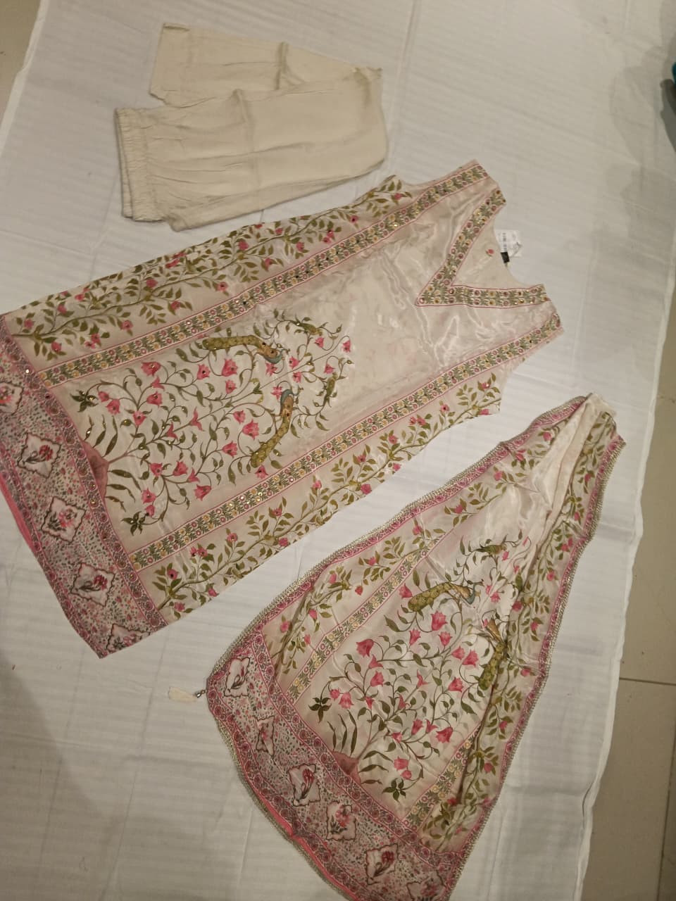 CREAM EMBROIDERY CRAPE 3 PC KURTI SET