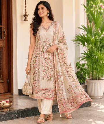 CREAM EMBROIDERY CRAPE 3 PC KURTI SET