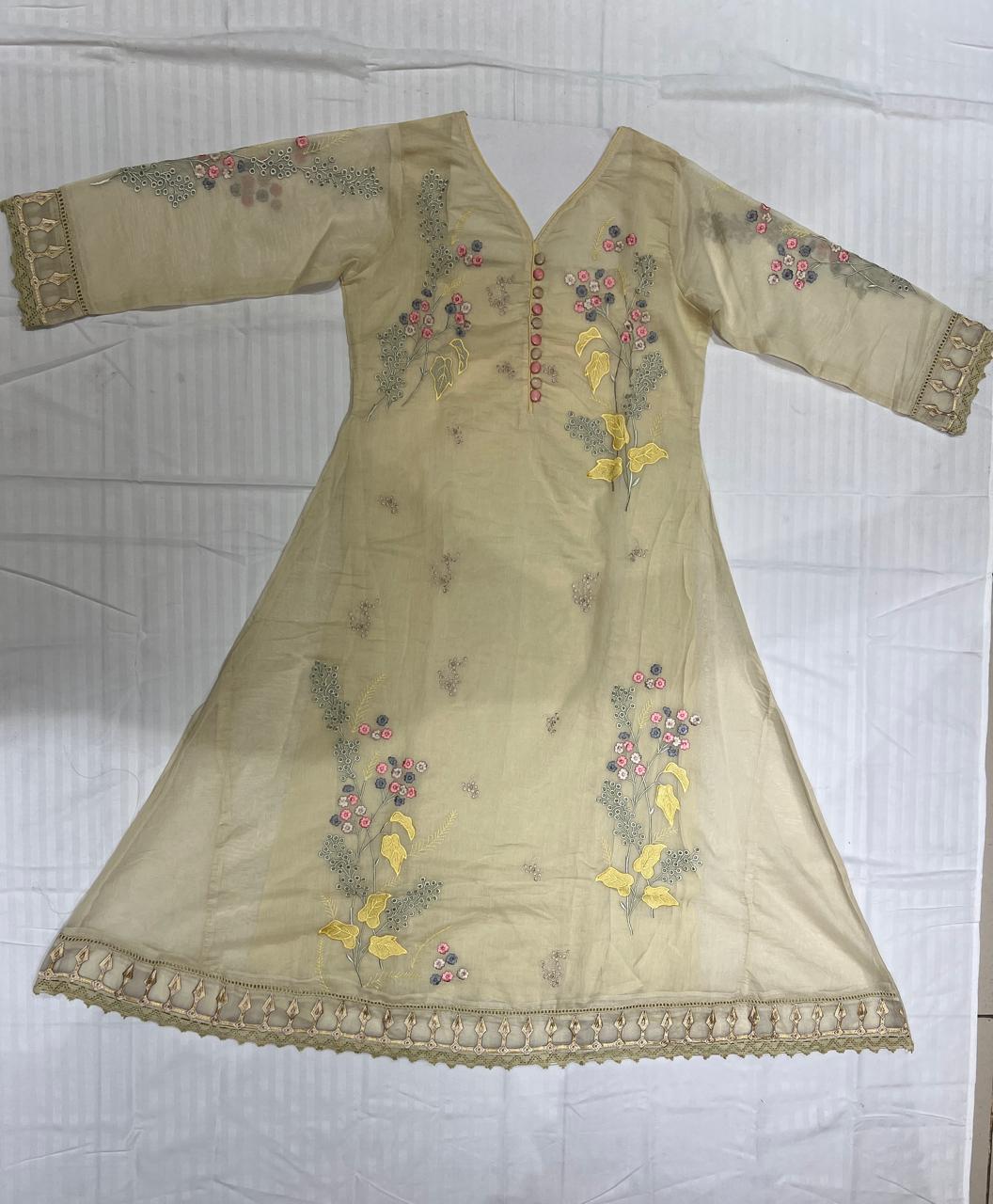 CREAM EMBROIDERY 3PC KURTI SETI