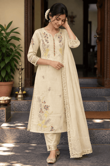 CREAM EMBROIDERY 3PC KURTI SETI