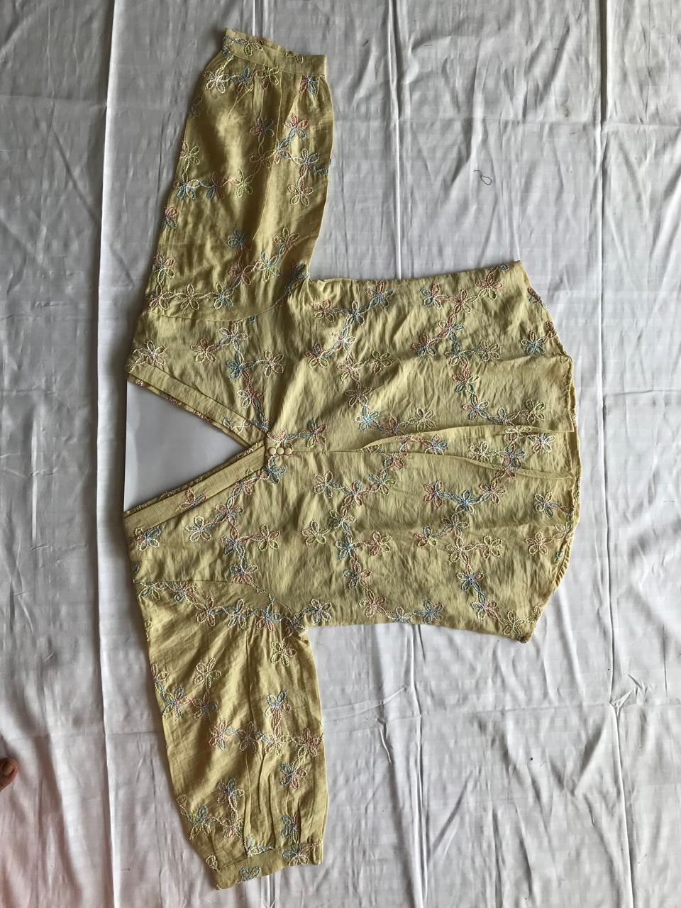 LEMON YELLOW CHANDERI EMBROIDERY SHORT KURTI