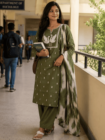 COTTON EMBROIDERY 3PC KURTI SET