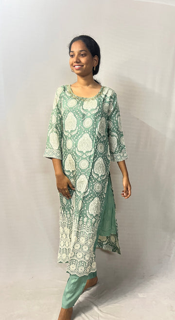 GREEN PRINTED ROUND NECK 3PC SET