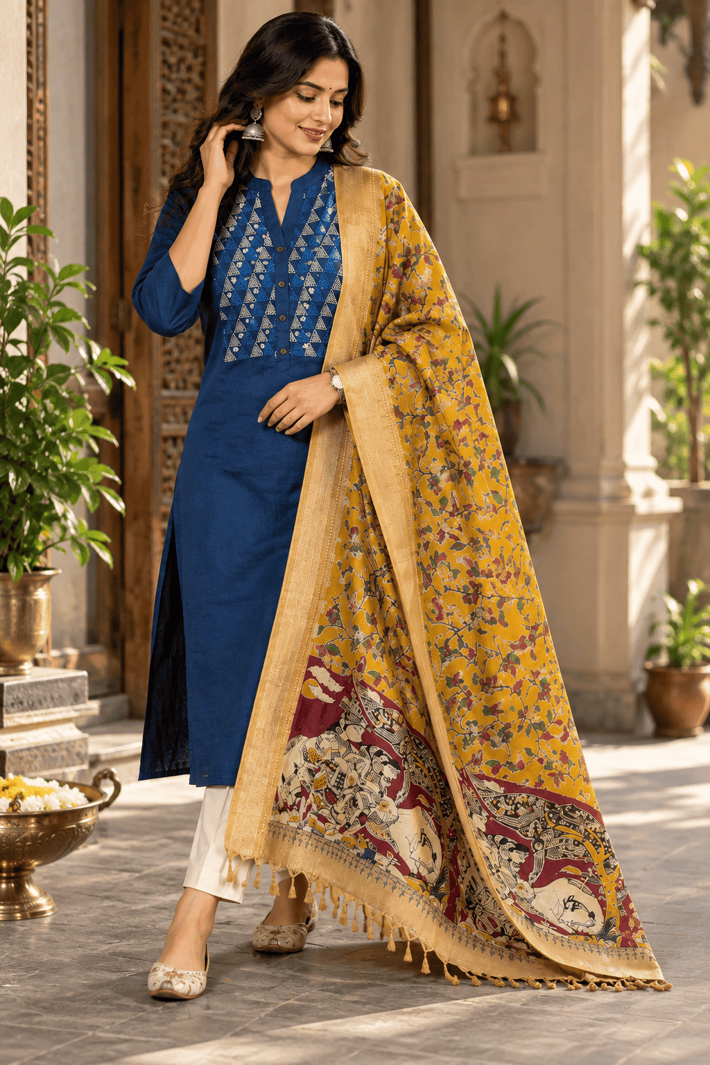 NAVY BLUE KURTI WITH KALAMKARI DUPATTA