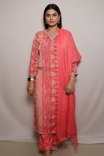 Elegant Peach & Coral Printed Straight Kurti with Embellished Neckline