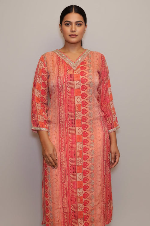 Elegant Peach & Coral Printed Straight Kurti with Embellished Neckline